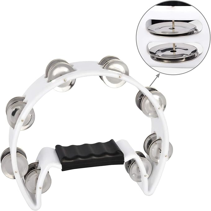 EastRock Tambourine,Metal Jingles Hand Held Percussion Half-Moon Tambourine and Egg Shakers for Kids, Adults, KTV, Party White
