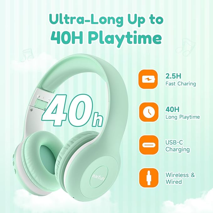 EarFun K2 Kids Bluetooth Headphones, Kids Headphones with Volume Limited, 40H Playtime, Built-in Mic, Stereo Sound, Foldable Over-Ear Headphone for School/Travel/iPad/Tablet, Green