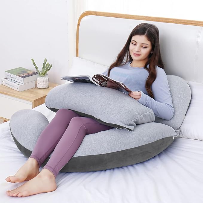AS AWESLING 60in Full Body Pillow | Nursing, Maternity and Pregnancy Pillow | Extra Large U Shape Pillows with Detachable Side, Separate Support Pillow and Removable Cover (Velvet and Jersey Grey)