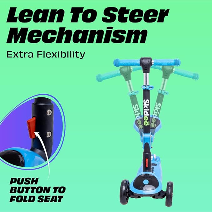 SKIDEE Kick Scooters for Kids Ages 3-5, Adjustable Height Foldable Scooter with Removable Seat, 3 LED Light Wheels, Rear Brake, Wide Standing Board, Suitable Up to 12 Year Old Boys/Girls