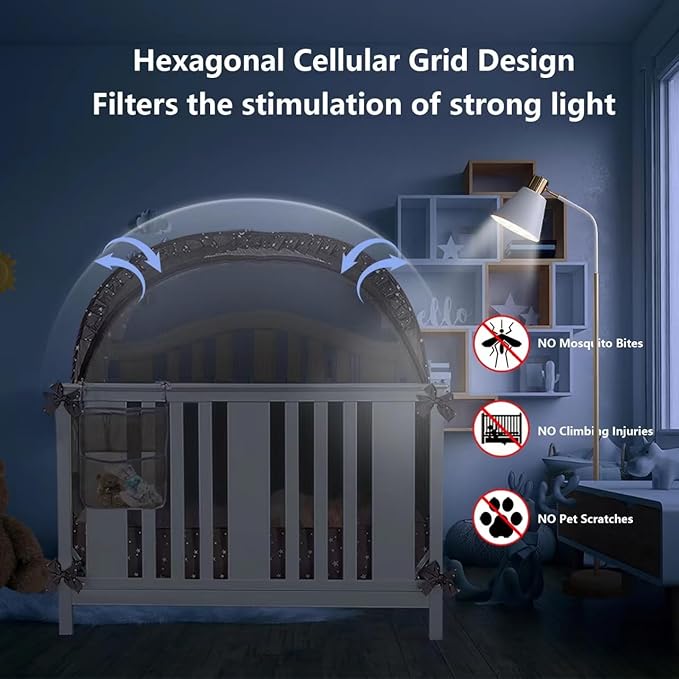 Baby Safety Crib Tent Infant Pop up Mosquito Net Nursery Bed Canopy Netting Cover - Keep Baby from Climbing Out with Hanging Diaper Storage Bag (Dark Gray)