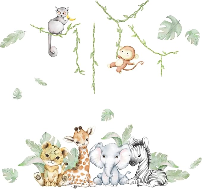 59.05x53.14 Inch Woodland Animals Wall Decals - Forest Animal Wall Decal with Elephant, Zebra, Monkey, Giraffe - Nursery Decor for Home, Baby Room, Boys & Girls Bedroom Art