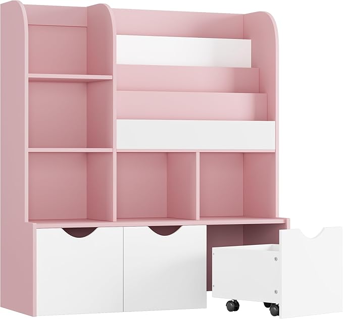 FOTOSOK 47'' Kids Bookcase and Bookshelf, Multifunctional Bookcase with 5 Storage Cubbies and 3 Movable Drawers, Toy Storager Display Stand, Toy Storage Organizer for Bedroom, Playroom, Hallway, Pink