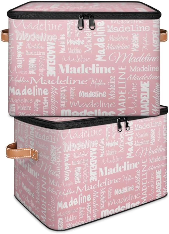 Custom Storage Basket with Name, Personalized Storage Bins with Zipper Lid, Foldable Fabric Storage Box Large capacity with Handle Pink