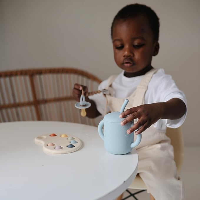 mushie 100% Silicone Training Cup & Straw for Toddlers | 6 Months+ (Powder Blue)
