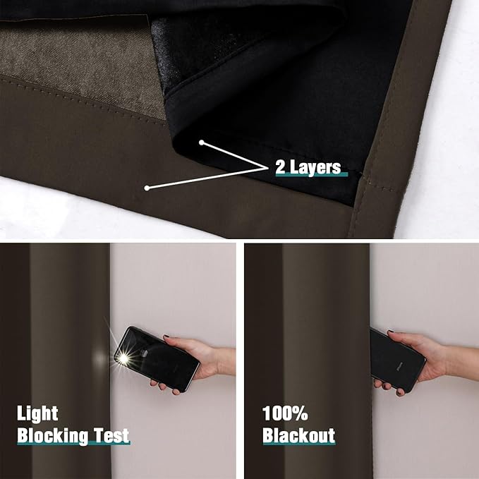 ChrisDowa 100% Blackout Curtains 72 inch Long for Bedroom with Black Liner, 2 Thick Layers Total Blackout Thermal Insulated Grommet Window Curtains 2 Panels Set (Brown, 42 x 72 Inch)