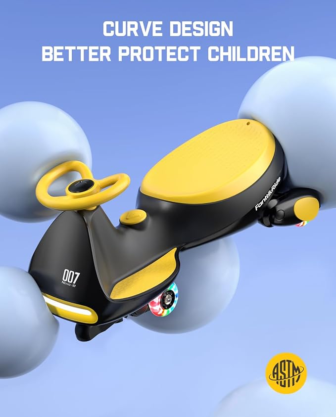 FanttikRide 6V N7 Classic Electric Wiggle Car with Pedal, Rechargeable Battery, Ride on Toys, Swing Car, 2 Speeds, Anti-Rollover, Flashing Light Wheels, Bluetooth, for Ages 3 and Up, 150 Lbs, Yellow