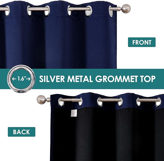 ChrisDowa 100% Blackout Curtains for Bedroom with Black Liner, 2 Thick Layers Total Blackout Thermal Insulated Grommet Window Curtains 2 Panels Set (Navy Blue, 42 x 63 Inch)