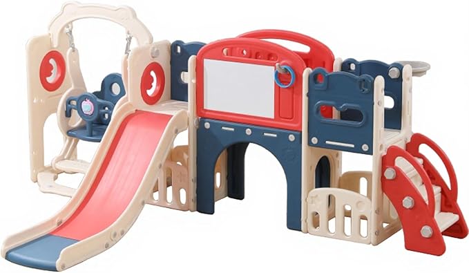 12 in 1 Toddler Outdoor Playset with Swing, Indoor Swing and Slide Set Playground for Toddlers 1-3, Durable Climber Basketball Hoop Ball Toddler Indoor Playset for Home Playground - Red Blue