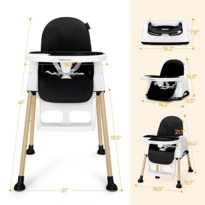3 in 1 High Chairs, Convertible High Chair for Babies and Toddlers, High Chair with Foot Rest and Double Tray, Compact and Versatile, for Growing Kids, Black