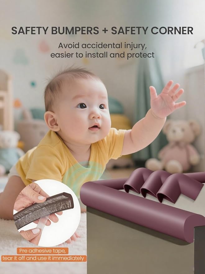 Baby Proof Edge Corner Protector, 6.56FT 0.47''Th L-Shape Furniture Corner & Edge Safety Bumpers with 6 Corners, Pre-Taped, Soft NBR Rubber Foam Desk Edge Cushion Wall Corner Protector（Brown）