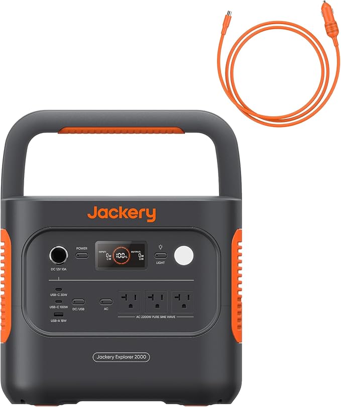 Jackery Explorer 2000 v2 Portable Power Station with Car Charging Cable, 2042Wh LiFePO4 Battery, 2200W Solar Generator, USB-C PD 100W Fast Charging for Camping, Home Use(Solar Panel Optional)