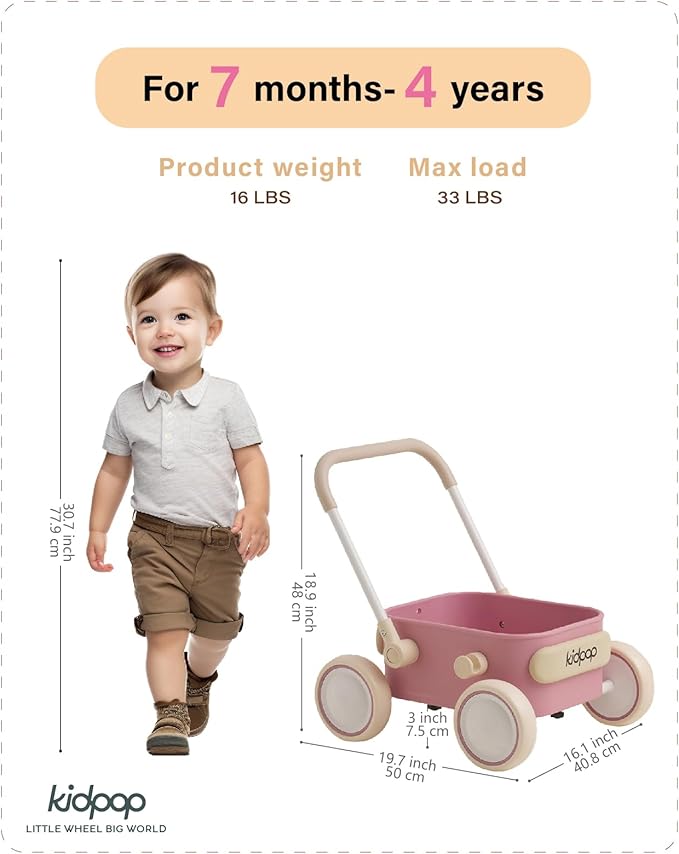 PULA Baby Push Walker with Wheels Toddler Wagon for First Learner Baby Toys 6-12 Months, 1 Year Old Birthday Gifts, Indoors and Outdoors (Pink)