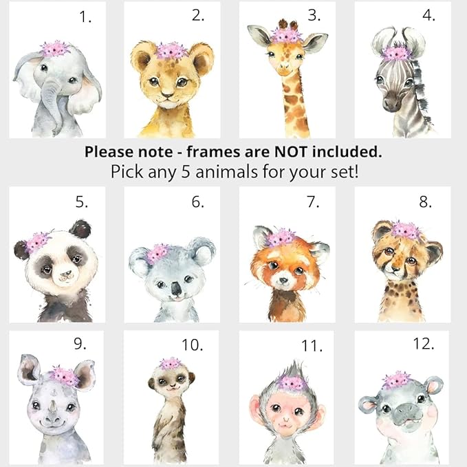 Personalized Safari Animals for Baby Girls Nursery, Set of 6 Unframed Poster Prints, Personalized Name Pink Lilac Floral, Girls Bedroom Decor, Elephant Giraffe (9x12)