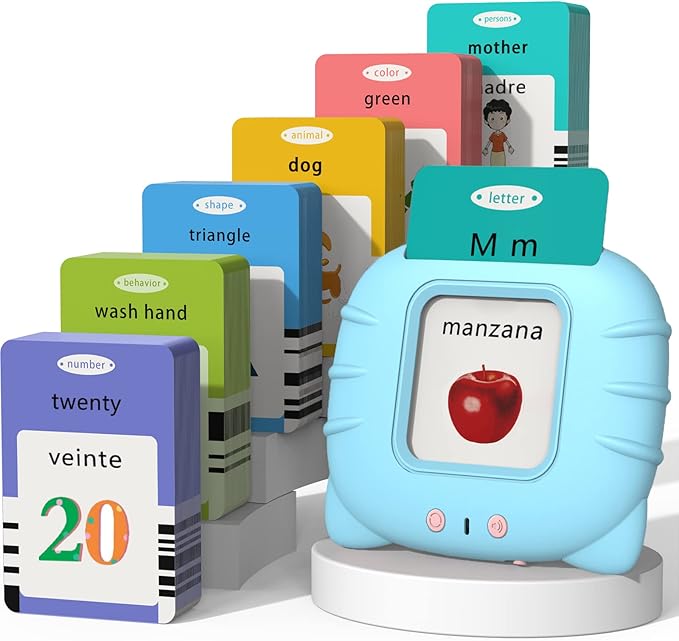 Spanish & English Talking Flash Cards for Toddlers 1 2 3 4 5 6, Audible Toys for Kids to Learn Spanish - 258 Cards and 516 Words(Blue)