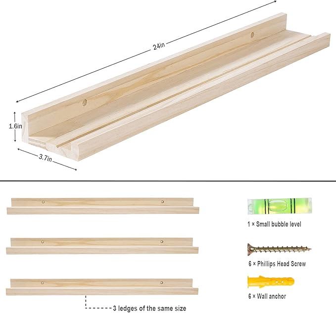 AZSKY Natural Wood Wall Mounted Shelves 24 Inch Floating Wall Book Shelf Floating Ledge Storage Rustic Shelves Photo Picture Ledge for Home Decor a Set of 3