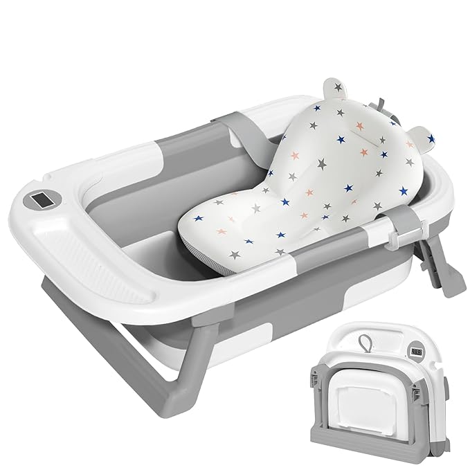 Collapsible Baby Bathtub,Baby Bath Tub with Thermometer & Soft Cushion,Baby Bathtub for Newborn to Toddler 0-36 Months,Portable Travel Baby Tub with No-Slip Feet,Baby Shower Gifts,Grey