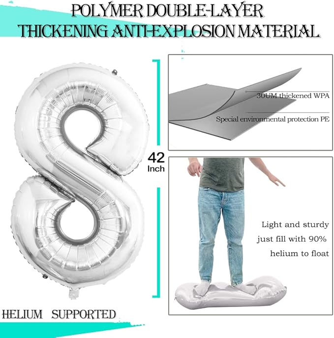 GOER Silver Foil Balloons Number 8,Huge Number Balloons for 8th Birthday Party Supplies Anniversary Decorations(3 pcs,42 inch,32 inc,16inch)