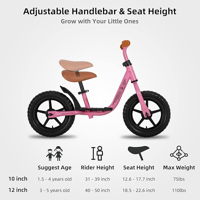 JOYSTAR 10"/12" Toddler Balance Bike for Girls & Boys, Ages 18 Months to 5 Years, Kids Push Bike with Footrest & Adjustable Seat Height, First Birthday Gifts for 2-5 Boys Girls