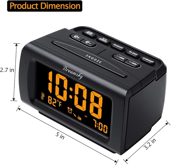 DreamSky Alarm Clock Radios for Bedrooms with Battery Backup, Large Big Numbers with Brightness Dimmer, USB Port, Bedside Digital FM Radio with Sleep Timer, Temperature, Adjustable Volume, Snooze