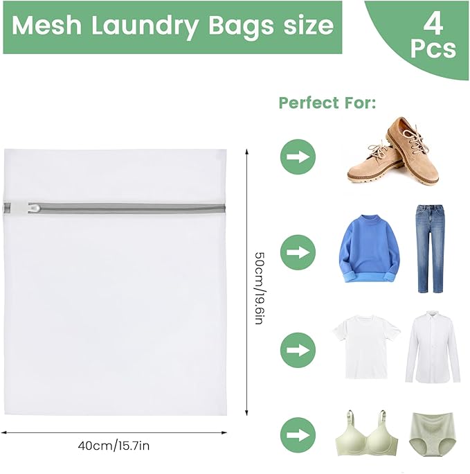4Pcs Mesh Laundry Bags, 16 X 20 Inches Mesh Laundry Bag, Durable Delicate Laundry Bag for Travel, College, Dorm, Family And Apartment Dwellers, White