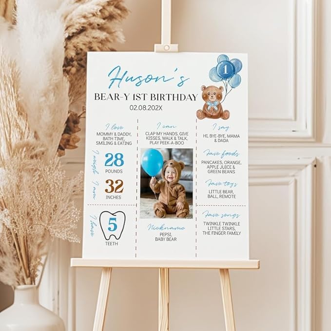 Generic Personalized Beary First Birthday Milestone Poster, Teddy Bear Photo Milestone Sign, Boho Bear Blue Party Stats Board, Design 06