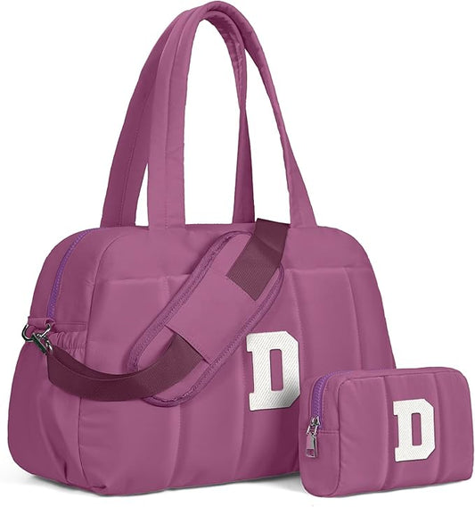 Duffle Bag with Initial, Spend The Night Bags for Women，Overnight Bag with Wet Pocket，Gifts for Women-Lightweight Travel Bags Personalized Gym Tote with Makeup Pouch