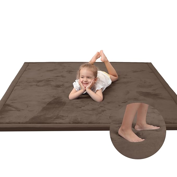 Baby Play Mat for Floor,1.3" Thick Memory foam Tummy Time Mat,79"×158“Extra Large Soft Velvet Nursery Rug,Non Slip Safe for Crawling,Toddlers,Infants,kids,Tatami Style for Living Room(Dark Brown)