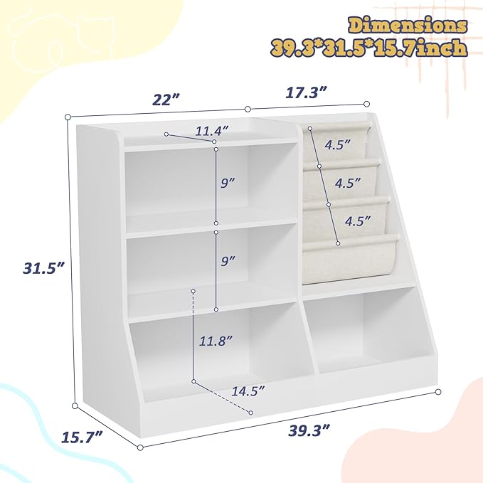 39" Large Kids Wooden Bookshelf and Toy Storage Organizer, Baby Bookcase with Sling Book Rack, Children Toddler Wooden Book Shelf for Kids Rooms, Playroom, Classroom, Nursery, School (White)