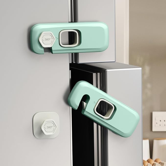 5 Pack Child Proof Refrigerator Lock, QYESWHSR Fridge Locks for Kids with Sticky Adhesive Pads, Child Safety Locks for Doors, RV Refrigerator, Oven Lock Child Safety Baby Cabinet Locks - Green Updated