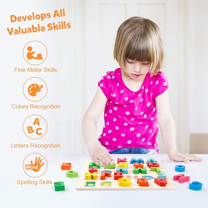 Coogam Wooden Alphabet Puzzle – ABC Letters Sorting Board Blocks Montessori Matching Game Jigsaw Educational Early Learning Toy Gift for Preschool Year Old Kids