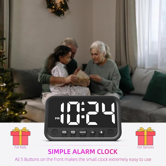 Small LED Digital Clock for Bedroom, Loud Alarm Clock for Heavy Sleepers Adults, Teens | Plug-In Electric Desk Clock | Simple Bedside Nightstand Clock with Adjustable Volume/Brightness/Snooze – White