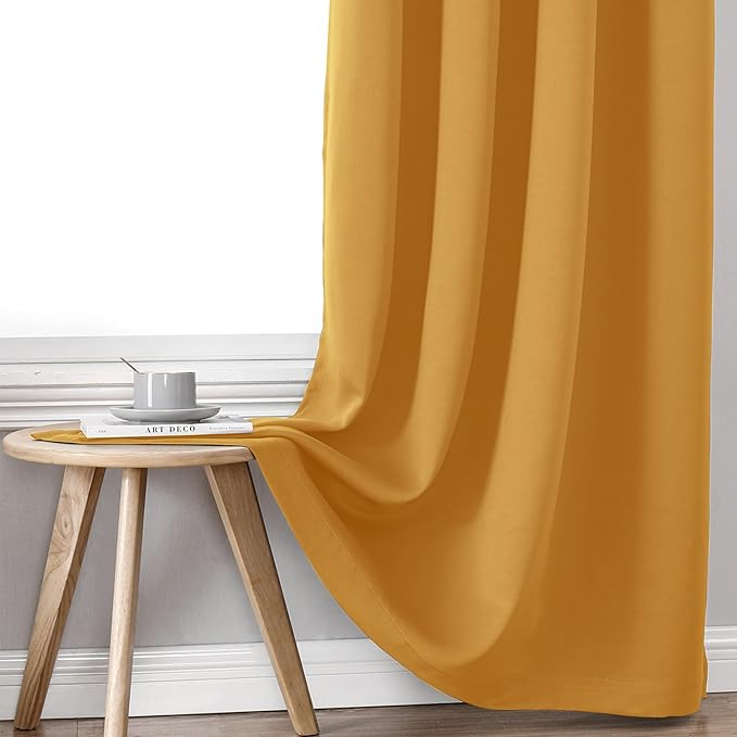 ChrisDowa 100% Blackout Curtains for Bedroom with Black Liner, 2 Thick Layers Total Blackout Thermal Insulated Grommet Window Curtains 2 Panels Set (Mustard Yellow, 52 x 84 Inch)