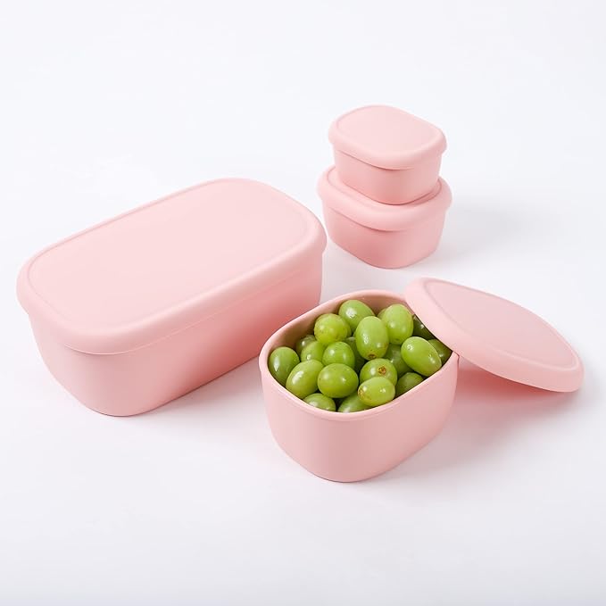 BLUE GINKGO Nesting Silicone Containers - Large Silicone Food Storage Container | BPA Free, Airtight, Dishwasher and Freezer Safe (47.5 oz) - Pink