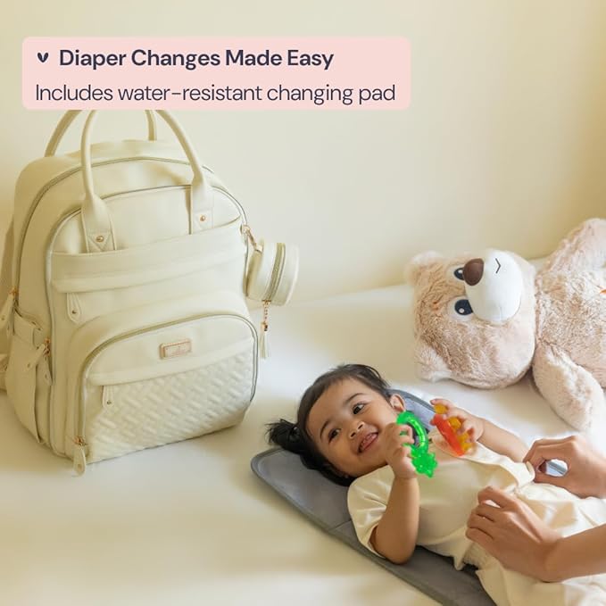 BabbleRoo Leather Diaper Bag Backpack - Baby Essentials Travel Baby Bag, Multi function, Waterproof, with Changing Pad, Stroller Straps & Pacifier Case – Unisex, Eggshell White