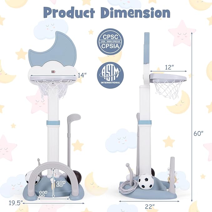 Costzon Kids Basketball Hoop with Electronic Scoreboard Cheer Sound, 4 in 1 Height Adjustable Toddler Basketball Hoop with Soccer, Golf, Ring Toss Game for Indoor Outdoor, Gift(Light Blue Moon)