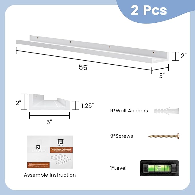 Picture Ledge Shelf, Floating Shelves Set of 2, Solid Pine Wood 55'' Long Large Nursery Book Shelves for Toys Storage, Kids Bookshelf for Living Room Bedroom Decor Books Photo Frames, White
