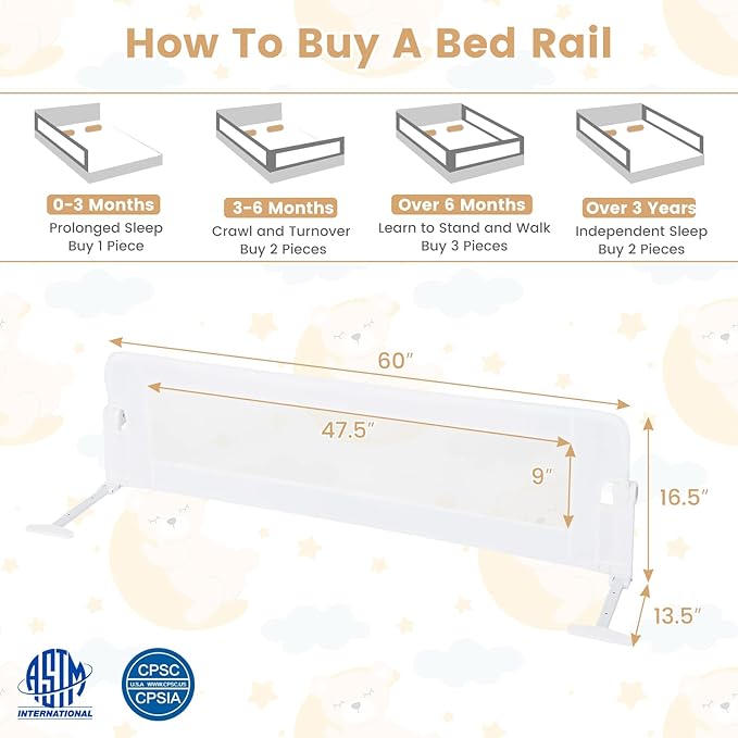 HONEY JOY Bed Rail for Toddlers, 60-Inch Extra Long, Foldable Portable Swing Down Safety Bed Guard Rail, Toddler Bed Rails for Crib, King Queen Full Twin Size Bed Mattress (White)