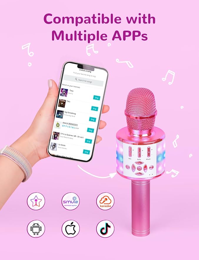 Amazmic Toys for Girls, Kids Karaoke Microphone Toddler Microphone for Kids with Lights, Birthday Gift for Girls, Boys Toy Age 3 4 5 6 7 8+(Light Pink)