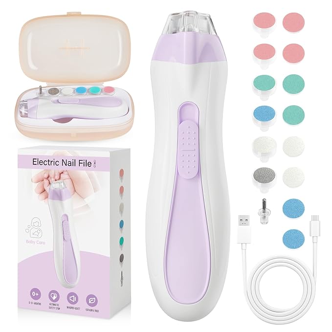 Baby Nail Trimmer Electric, 15 in 1 Baby Nail Clippers for Gentle Nail Care, Rechargeable Baby Nail File Electric with Light &15 Grinding Pads for Infant Toddler, Purple