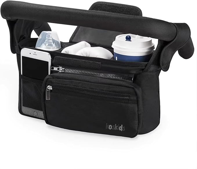 Universal Stroller Organizer with Insulated Cup Holder, Detachable Phone Bag, Shoulder Strap – Fits All Stroller Types, Keeps Drinks Hot/Cold (Black)