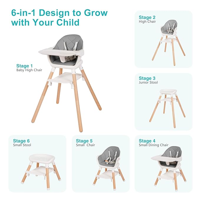 Baby High Chair, 6 in 1 Wooden Convertible High Chairs for Babies and Toddlers, Booster Seat with Double Tray & Reversible Footrest Baby Highchair, 5-Point Harness Baby Feeding Chair, Grey