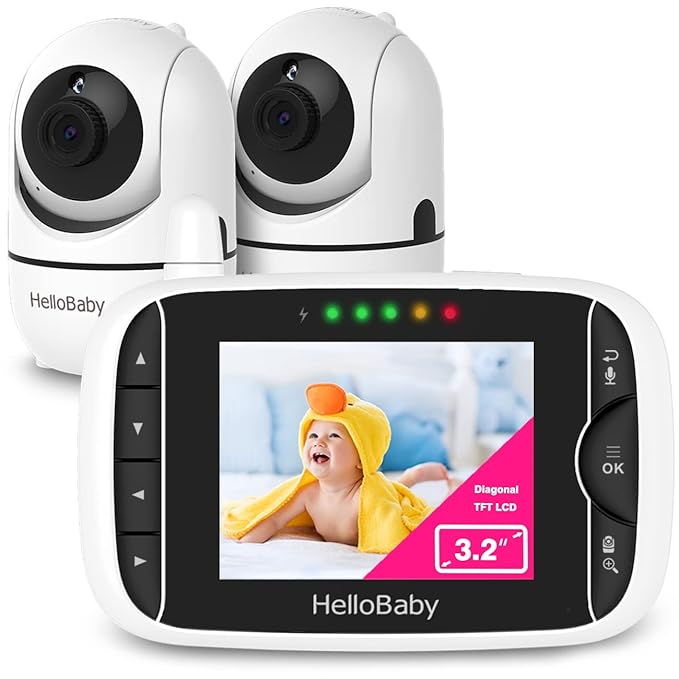 HelloBaby Video Baby Monitor with 2 Cameras and Audio. Baby Monitor with Remote Pan/Tilt/Zoom, VOX Mode, Night Vision, 2-Way Talk, 8 Lullabies