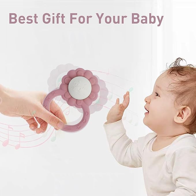 Rattle Teether, Lion Shape Montessori Baby Sensory Teething Toys, Food Grade Silicone BPA Free, Newborn Essentials Must Haves (Shifting Sand Dusty Lilac)
