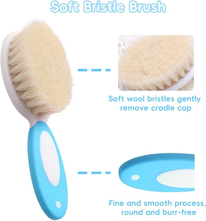 Baby Hair Brush and Comb Set, 4Pcs Baby Soft Bristles Hairbrush Cradle Cap Brush Hair Comb for Newborns Toddlers Boys Girls (Blue)