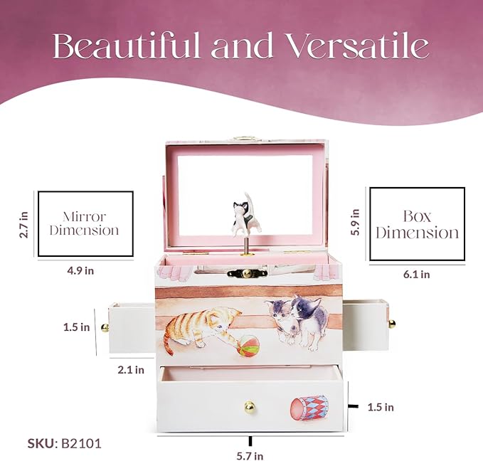 Curious Kittens Musical Jewelry Box Cat Spins to Ode to Joy 3 Pullout Drawers Treasure Storage