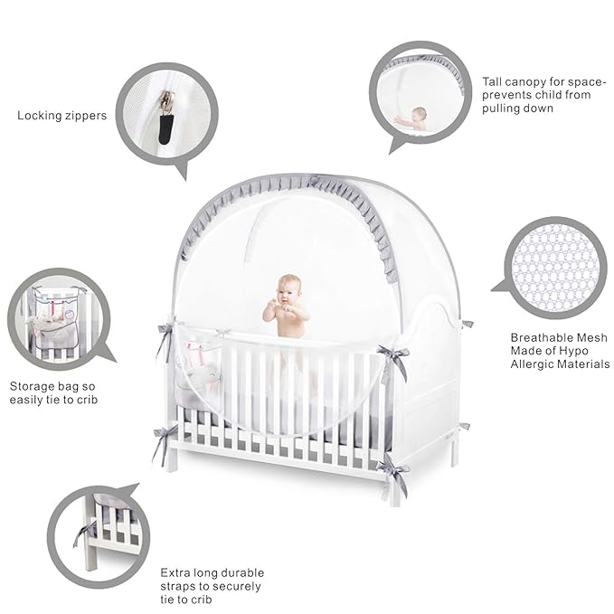 Baby Safety Crib Tent Infant Pop up Mosquito Net Nursery Bed Canopy Netting Cover - Keep Baby from Climbing Out with Hanging Diaper Storage Bag (Gray)