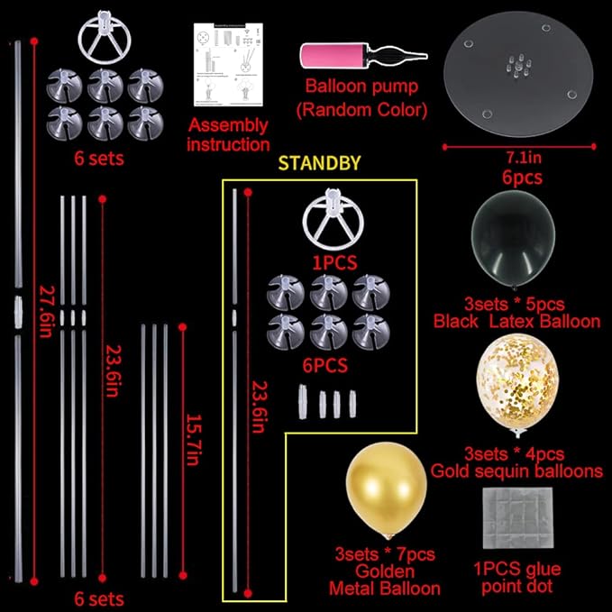 TONIFUL 6 Set Balloon Centerpieces for Table Black Gold Confetti Balloon Stand Kit for 2025 Graduation Party Decoration Birthday Anniversary Halloween 2025 Party Decorations