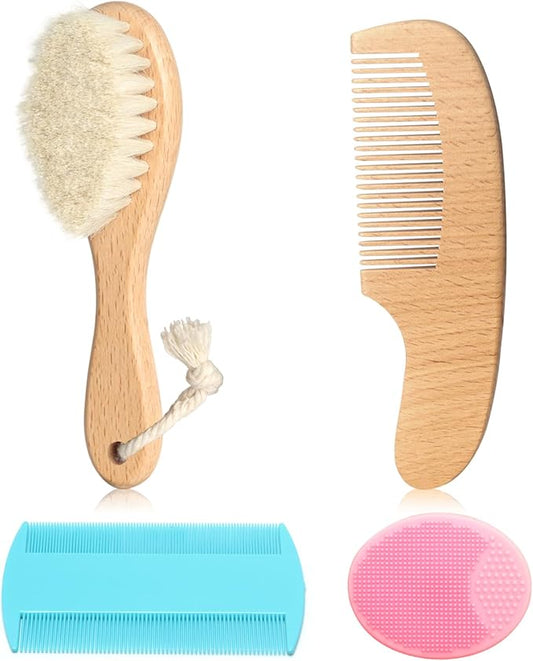 Goat Baby Hair Brush Set, Safe Natural Hair Care Kit with Wooden Soft Goat Bristles Brush Comb Pink Silicone Bath Brush for Newborns Toddlers (4pcs Set)