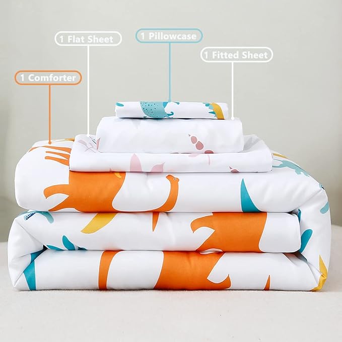 PERFEMET 4 Pieces Toddler Bedding Set Cartoon Dinosaur Print Comforter Sheet Set for Boys Microfiber Soft Toddler Comforter Set Includes Comforter, Flat Sheet, Fitted Sheet and Pillowcase, Colorful